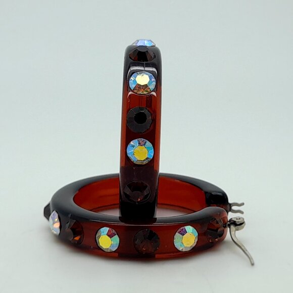 brown lucite Acrylic wide 1.5 Hoop smoked topaz & ab Latch back Fashion Earrings - Picture 5 of 5